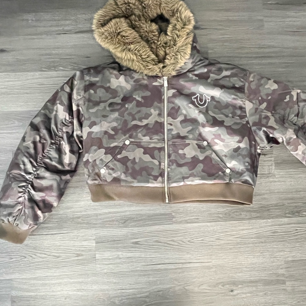 True Religion Brown Camouflage Jacket with Fur Trim